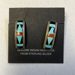 Sterling silver Zuni Indian turquoise,coral, onyx post earrings